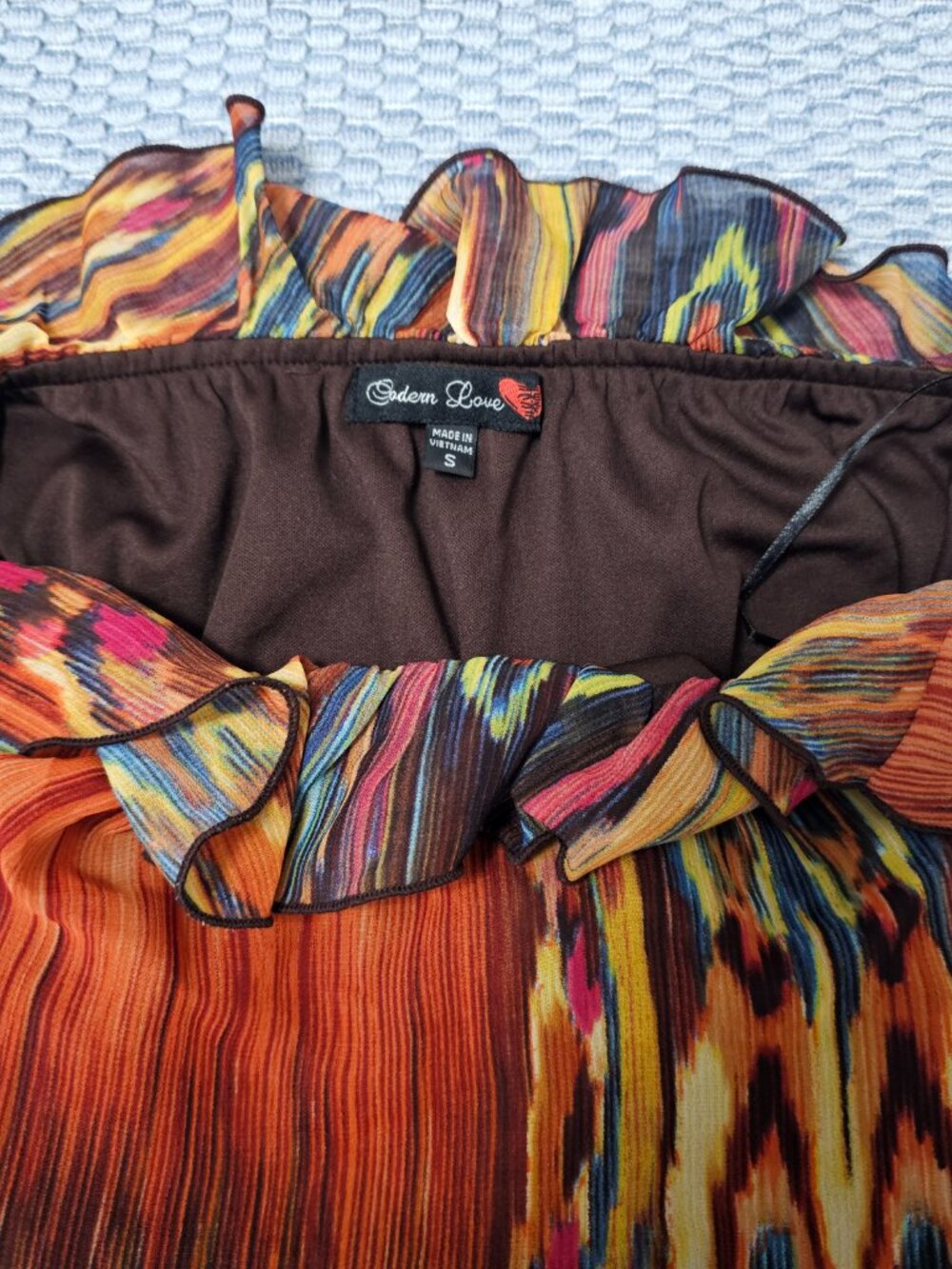 NEW Modern Love Strapless Ikat Mini Dress Ruffle Trim Belted Boho Size Small - Picture 5 of 7